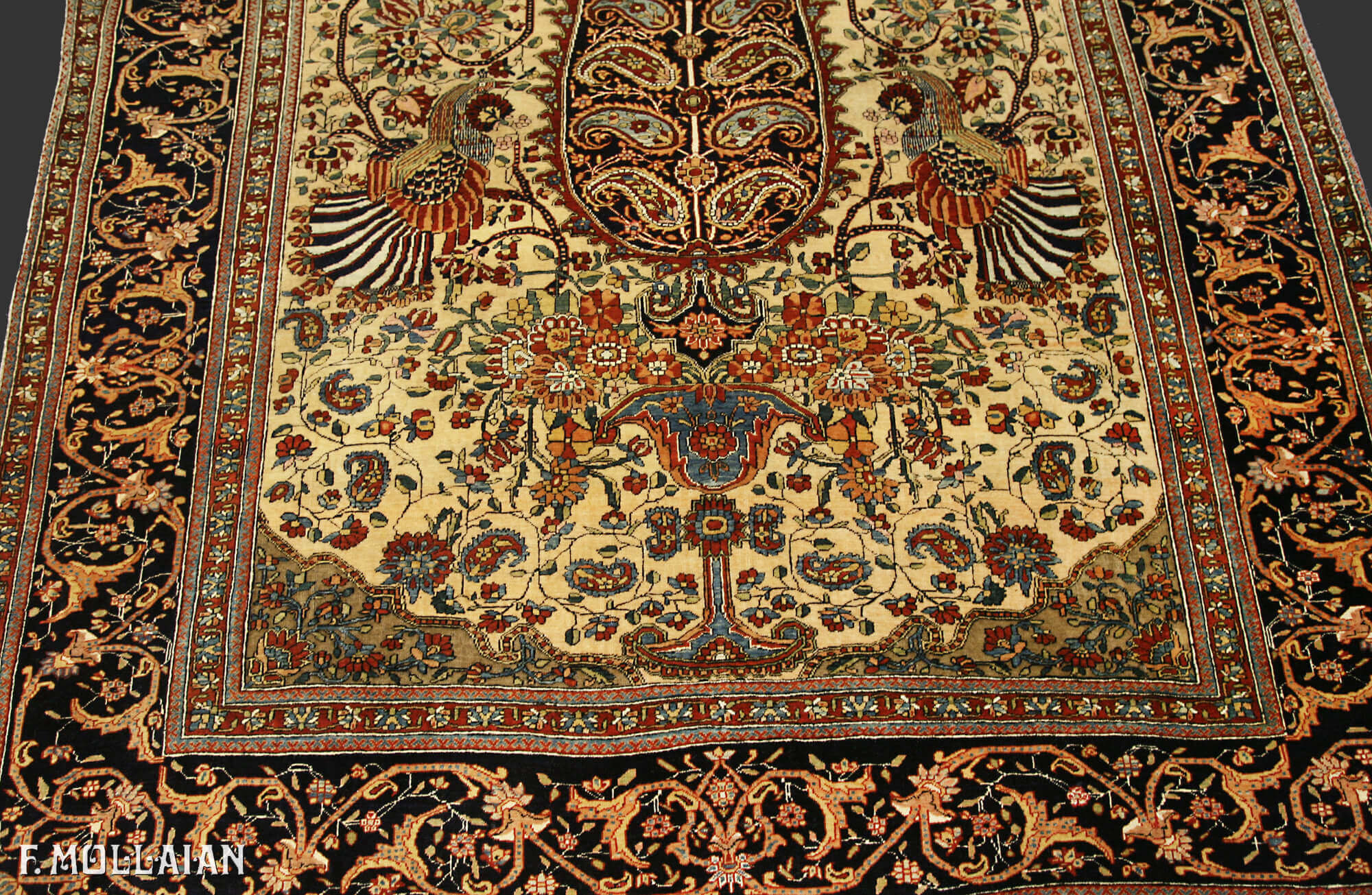 Signed Kashan Mohtasham Antique persian prayer field  Rug with symmetey Peacock and tree motifs n°:74674673